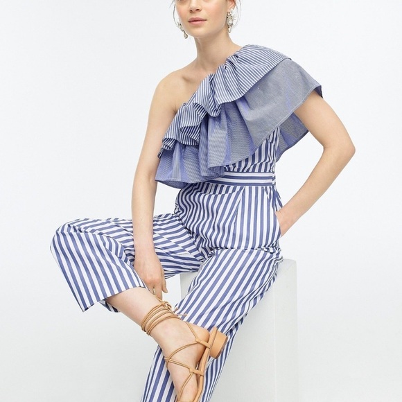 J.Crew- Blue and White Stripe One Shoulder Multi Ruffle Jumpsuit - Picture 1 of 8